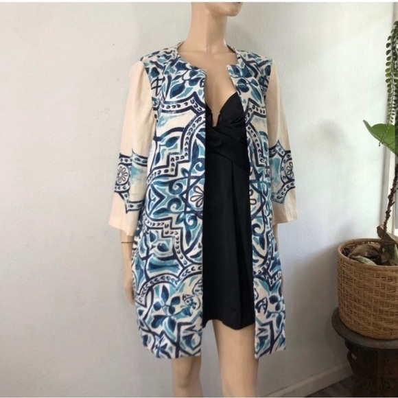 Chico’s Artisan Printed Linen Jacket blue, cream - Picture 6 of 16